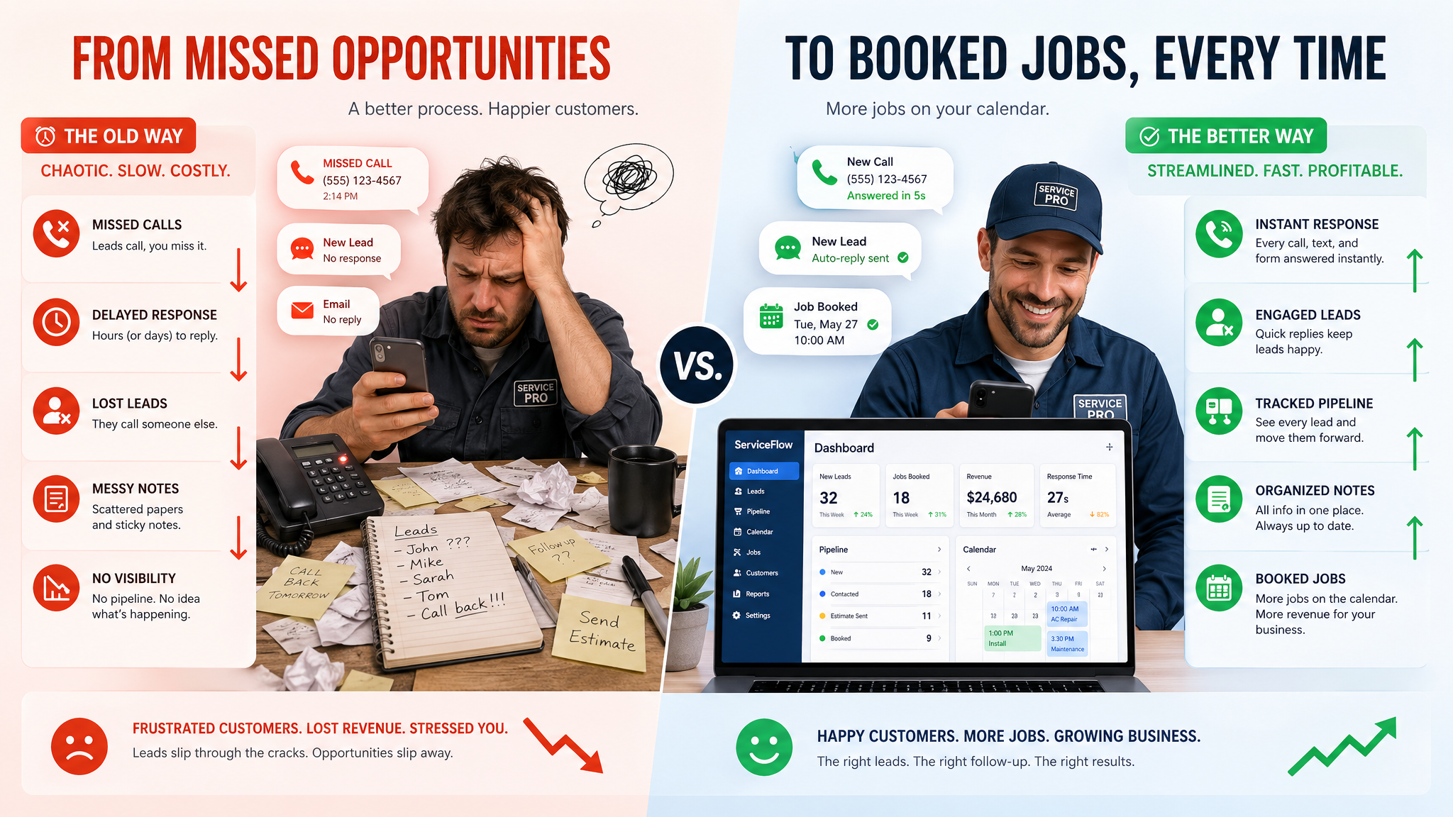 Lead handling workflow graphic showing how follow-up improves