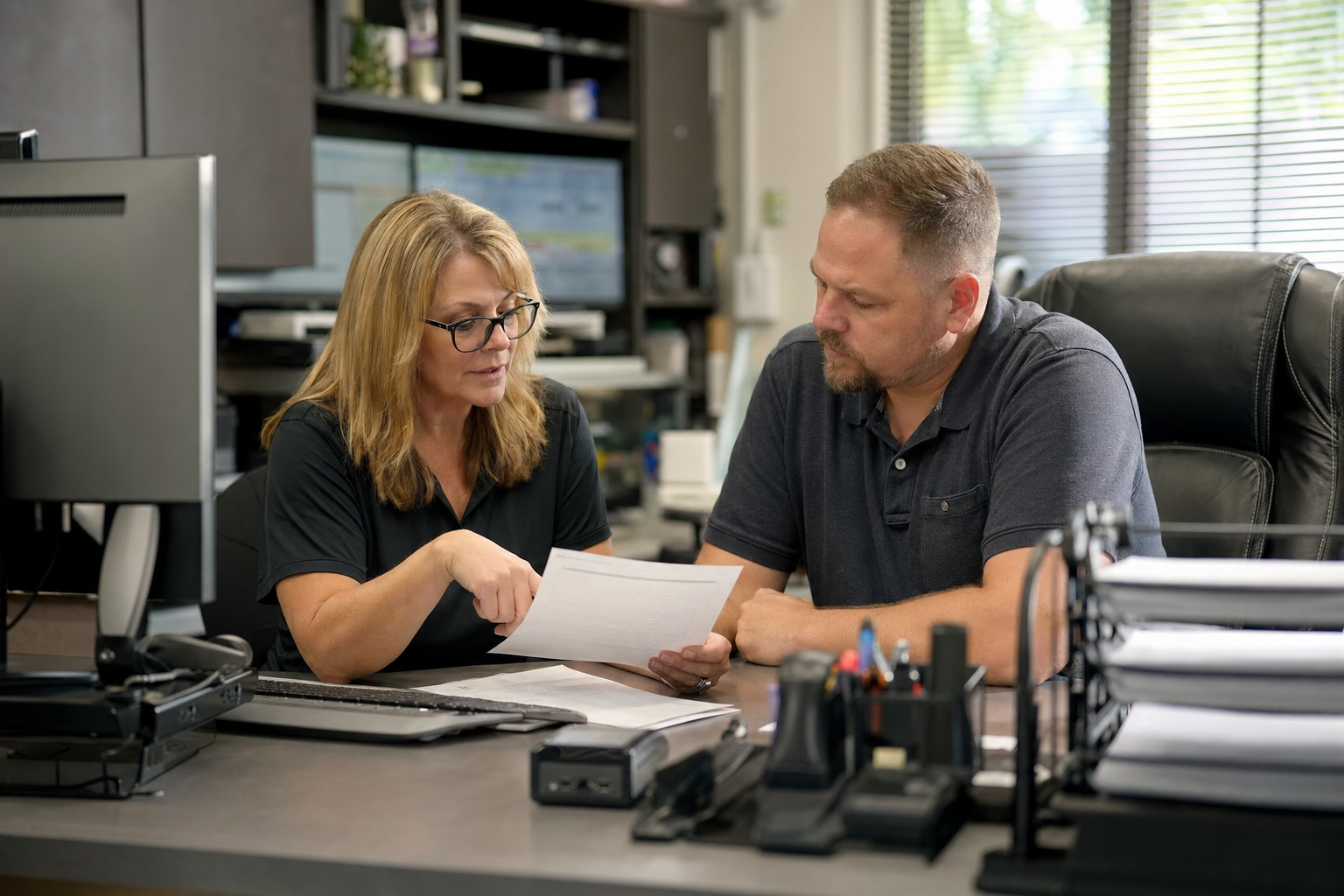 Service business owner and staff reviewing workflow bottlenecks at a desk