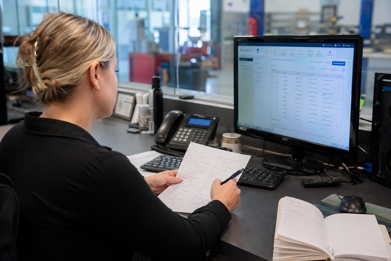 Team member reviewing lead-handling notes and process on screen