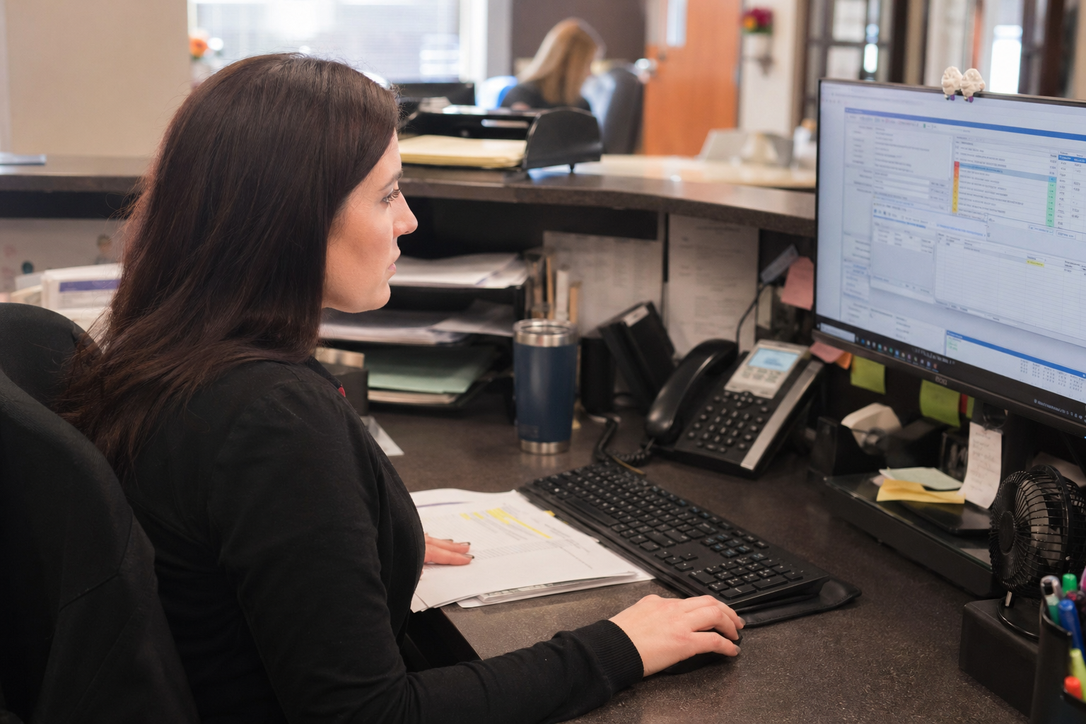 Business staff member reviewing follow-up tasks at desk