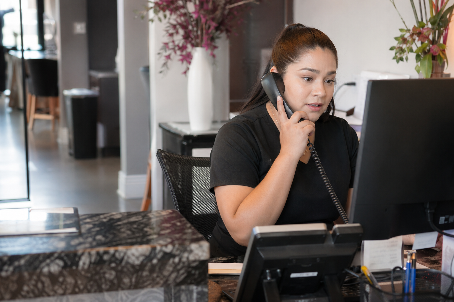 Office worker noticing a missed call while a recovery workflow helps capture the lead