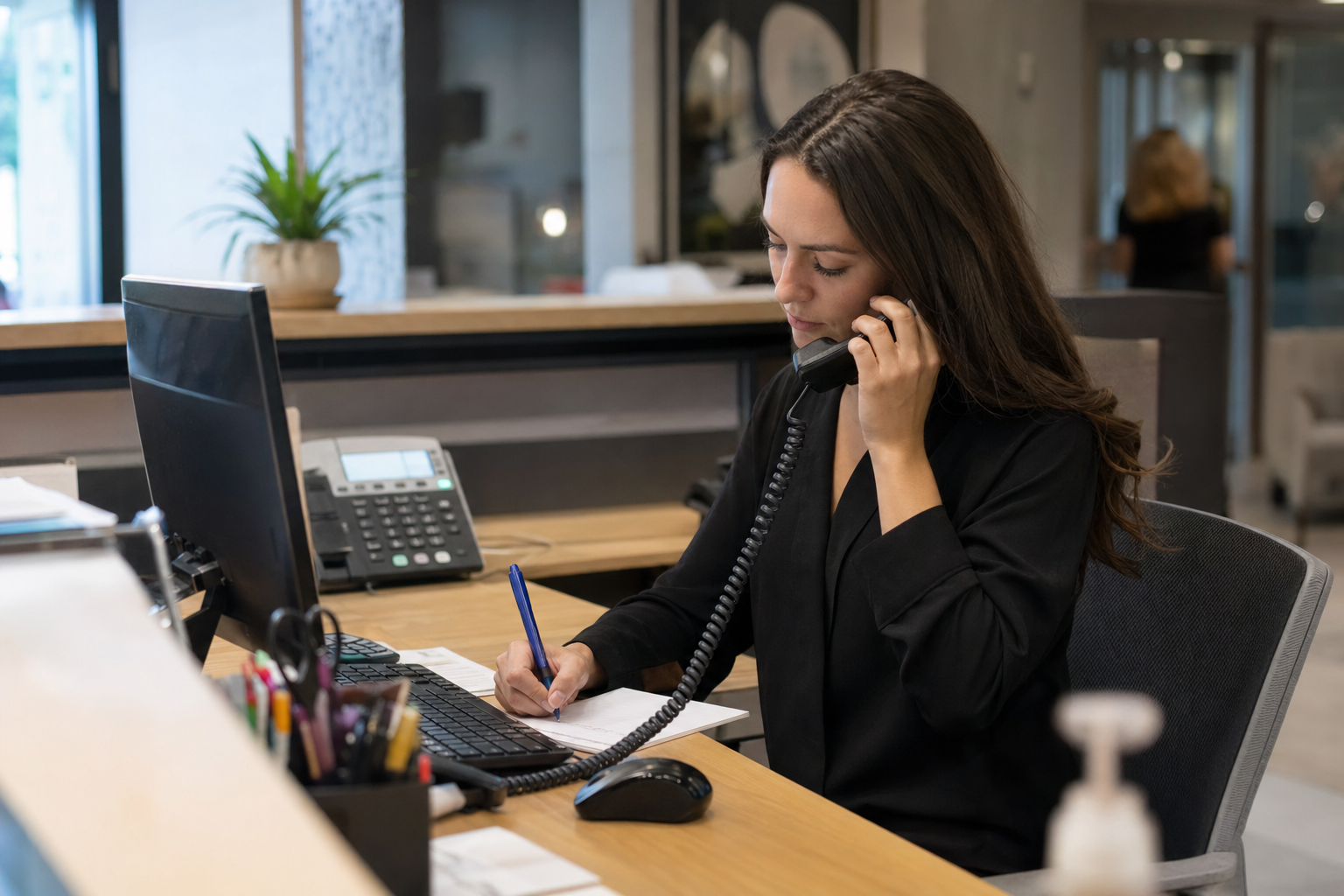 Staff member handling a missed-call callback workflow at the reception desk