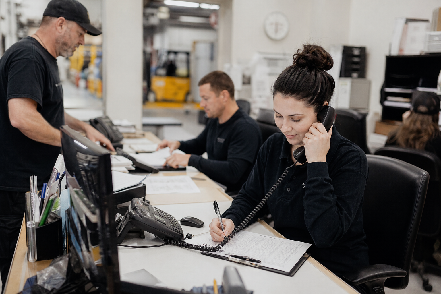 Admin team in a service business office with computers, paperwork, and streamlined workflow