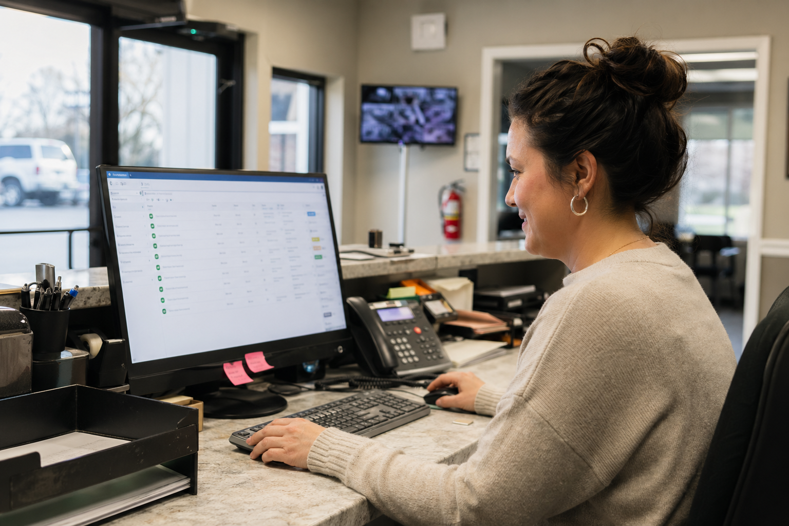 Owner or office manager reconnecting with old leads from a computer workstation
